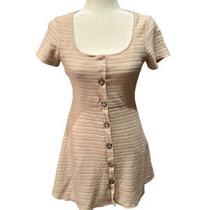 Lush Beige Ribbed Button-Front Short Sleeve Dress